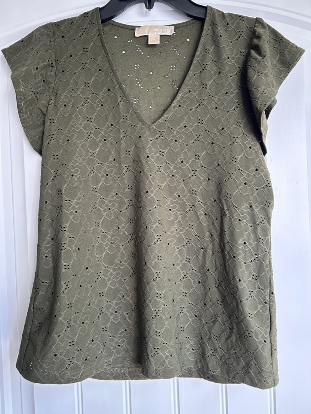 Michael Kors Olive Eyelet V-Neck Short Sleeve Top